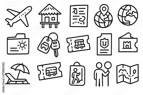 Travel and vacation linear icon set. featuring airplane, hut, itinerary, map, globe, folder, luggage, and ticket symbols