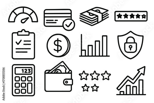 Finance and security linear icon set. featuring speedometer, credit card, money stack, rating, checklist, dollar coin, bar chart, shield, calculator, wallet, stars, growth chart