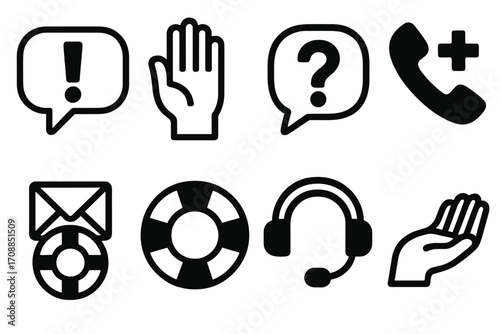 Customer support silhouette icon set. featuring alert, hand, question, phone, email, lifebuoy, headset symbols