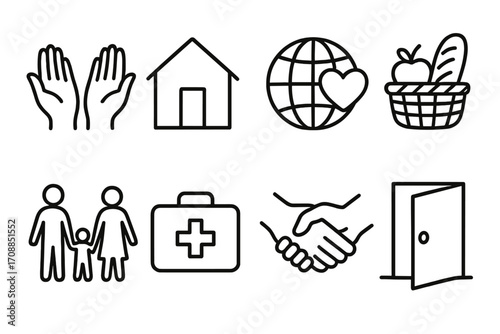Charity and community linear icon set. featuring hands, house, globe, basket, family, healthcare, handshake, door symbols