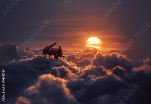 A man plays the piano on top of an ice cliff above the clouds.