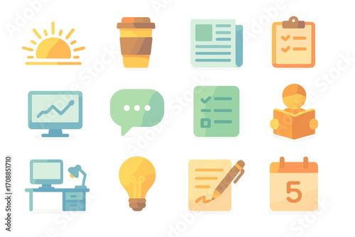 Office essentials flat icon set. featuring sunrise, coffee, newsletter, checklist, analytics, chat, reading, desk, idea, writing, calendar symbols