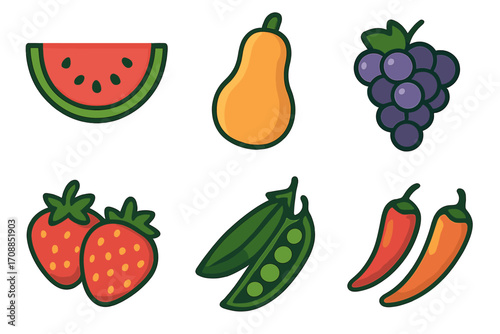 Fruits and vegetables flat icon set. featuring watermelon, pear, grapes, strawberries, peas, and chili peppers
