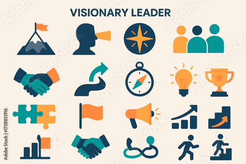 Leadership concept flat icons set. featuring visionary, teamwork, strategy, goal, progress, and innovation symbols
