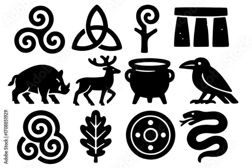 Celtic symbols silhouette icon set. featuring triskele, triquetra, tree, stones, boar, deer, cauldron, raven, spiral, leaf, shield, snake