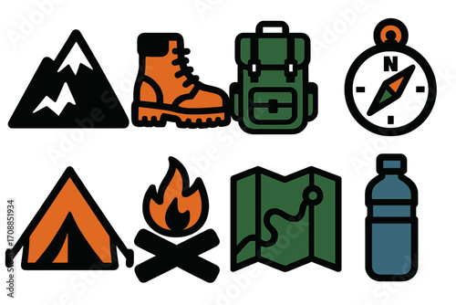 Outdoor adventure silhouette icons set. featuring mountains, boots, backpack, compass, tent, campfire, map, bottle