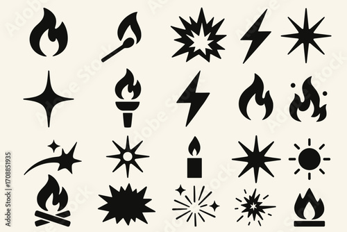 Fire and energy silhouette icon set. featuring flame, match, starburst, torch, lightning, campfire, sun, and candle designs