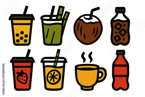Beverage silhouette icon set. featuring bubble tea, juice, coconut, bottle, lemon drink, and soda symbols