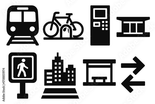 Transport and urban silhouette icon set. featuring train, bicycle, atm, bench, pedestrian, city, bus stop, arrows