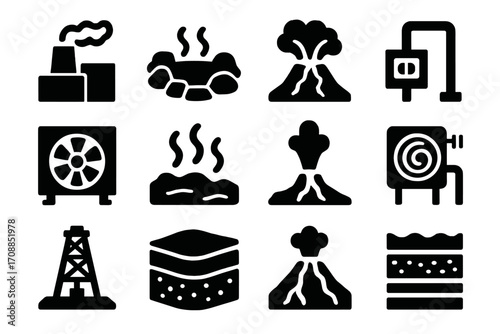 Energy and industry silhouette icon set. featuring factory, geothermal, volcano, oil rig, fan, and pipeline symbols