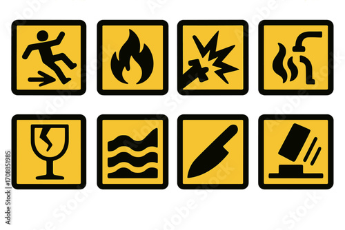Safety warning silhouette icon set. featuring slippery, flammable, explosive, gas, fragile, water, sharp, laser signs