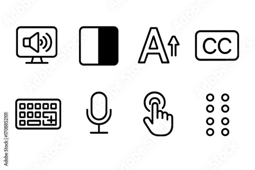 Accessibility silhouette icon set. featuring sound, contrast, text size, closed captioning, keyboard, microphone, touch, braille