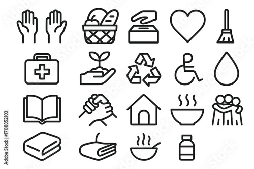 Charity & aid linear icon set. featuring hands, donation, love, health, support, environment, food, and shelter symbols