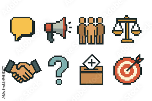Business management linear icon set. featuring chat, megaphone, team, scale, handshake, question, ballot, target