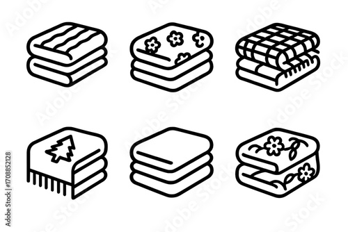 Blanket designs silhouette icon set. featuring patterns like stripes, floral, plaid, and geometric