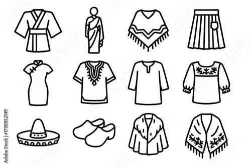 Traditional clothing linear icon set. kimono, sari, poncho, skirt, cheongsam, dashiki, sombrero