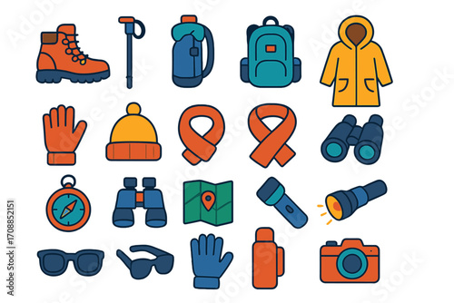 Hiking equipment flat icon set. featuring boots, pole, bottle, backpack, jacket, gloves, hat, ribbon, binoculars, compass, map, flashlight, sunglasses, thermos, camera symbols