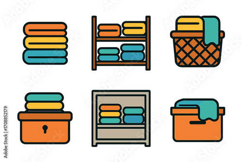 Laundry essentials flat icon set. featuring towels, basket, shelves, storage, and cleaning symbols
