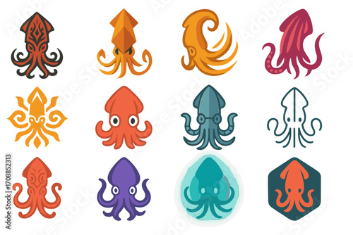 Ocean creatures silhouette icon set. featuring squid, octopus, tentacles, marine life, sea animals, and aquatic designs
