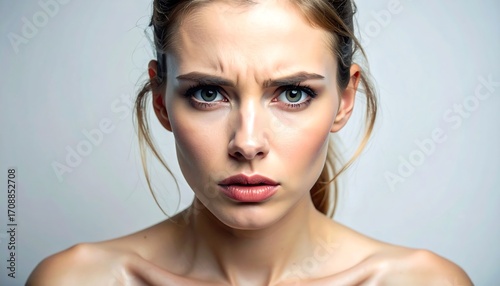A close-up of a woman with a serious, slightly furrowed brow looking directly at the viewer. Her expression suggests concern