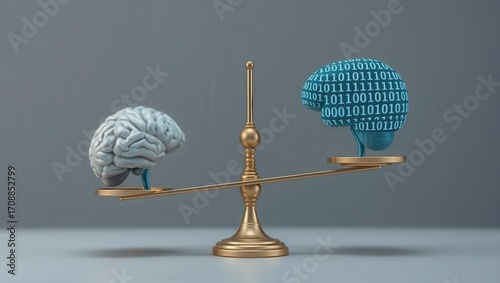 Brains on a balance scale showing human brain versus ai brain with binary code on the ai brain