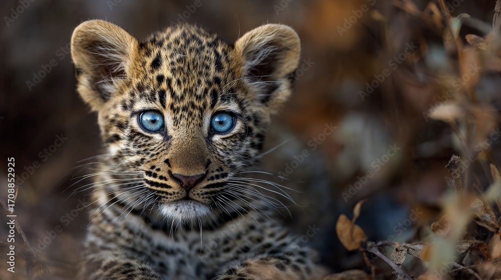 Fototapeta premium Portrait of adorable leopard cub with blue eyes, sitting on the ground.