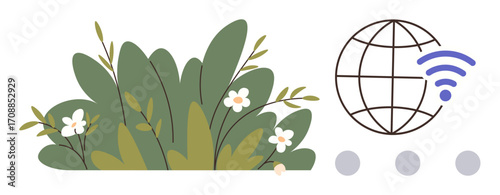 Globe with wireless signal beside leafy shrubs and flowers illustrating connectivity, sustainability, natural harmony, technology integration, eco-conscious communication, digital balance, simple