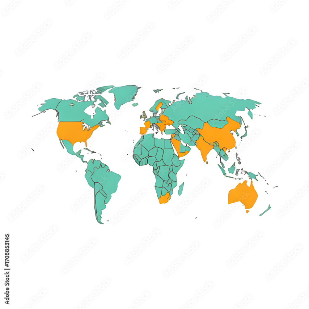 Fototapeta premium World map with highlighted regions in orange isolated on transparent background