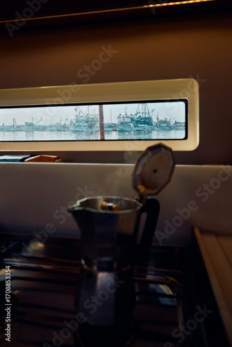 Coffee is brewed in the boat cabin