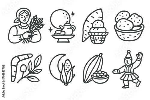 Hand-drawn ethnic icons celebrating traditional foods and culture