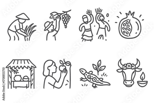 Hand-drawn harvest icons: farming, dance, fruit, and nature symbols