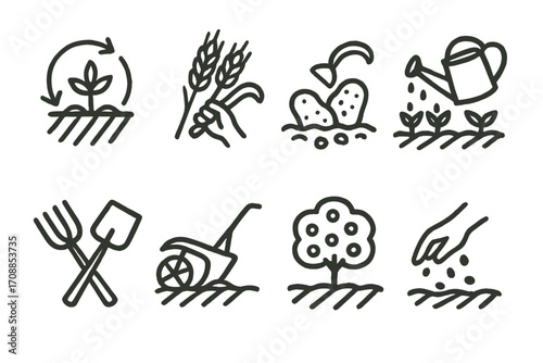 Garden line art: tools, planting, harvest, watering icons on green background