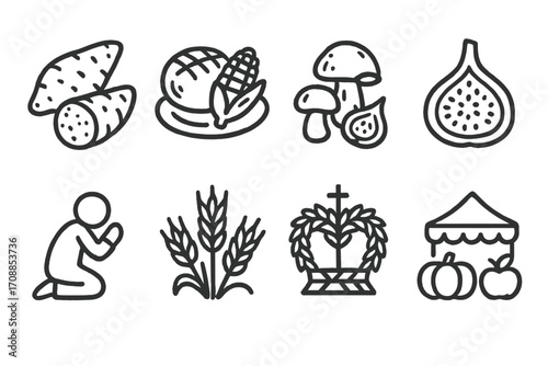 Harvest festival icons: autumn produce, gratitude, and celebration symbols