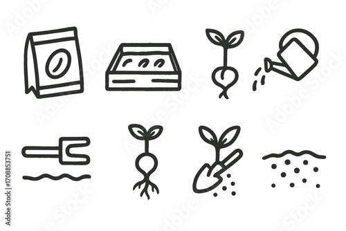Monochrome gardening icons: seeds, seedlings, and tools in simple line art style
