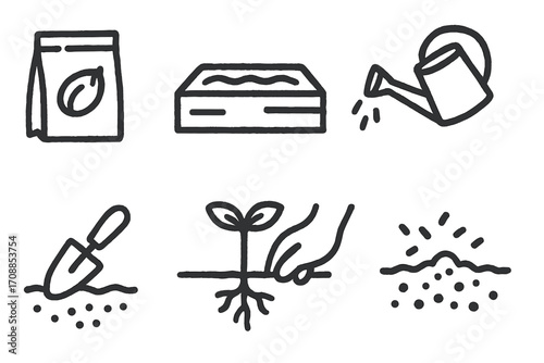 Gardening icons featuring watering can, seedling, and planter box in chalk style