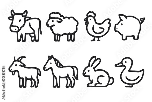 Outlined farm animals on dark background: minimalist line art collection