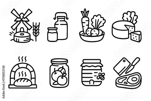 Rustic farm icons featuring windmill, vegetables, dairy and bakery elements