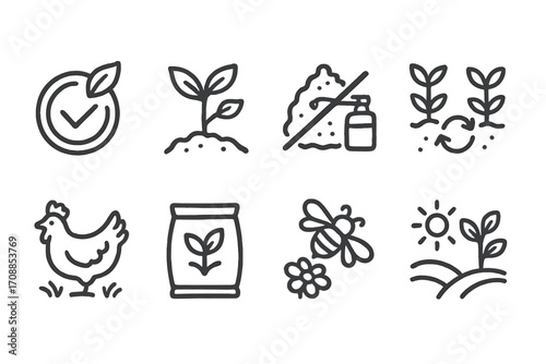 Eco-friendly agriculture icons with organic and sustainable symbols in line art