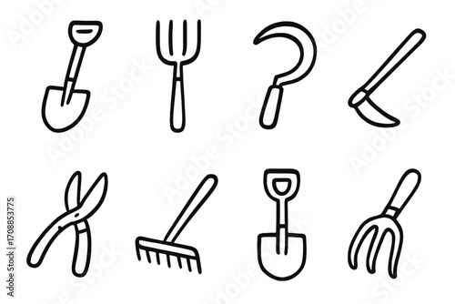 Monochrome garden tools icons: shovel, rake, shears, sickle