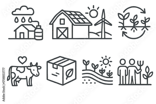 Sustainable farming line icons featuring eco friendly agriculture and renewable energy