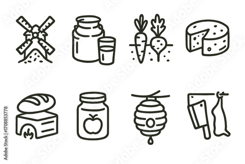 Flat icons of farm fresh food: cheese, bread, honey, dairy, vegetables