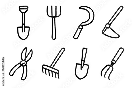 Hand drawn garden tool icons on textured background