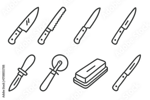 Kitchen knife set with butter and pizza tools on dark background