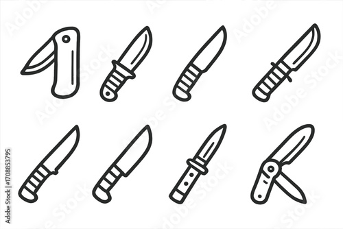 Set of linear knife icons on dark background for outdoor and survival themes