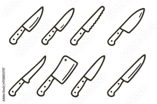 Outline set of kitchen knives on wooden background