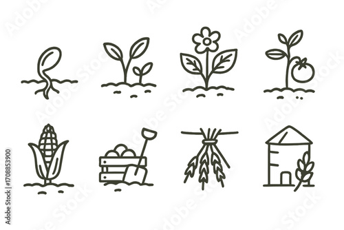 Hand drawn agriculture icons featuring seedling, flower, tomato, corn, harvest tools, and silo