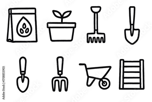 Black linear garden tools on dark wooden background for horticulture enthusiasts