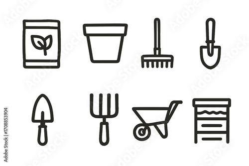 Gardening tools icons set: minimalist dark linear design for horticulture projects