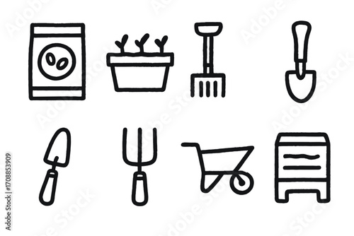 Minimalist gardening tools and supplies icons on dark background
