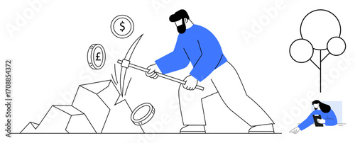 Man wielding pickaxe breaks rocks to reveal dollar, pound, and euro signs. Ideal for finance, investment, cryptocurrency, effort, hard work, economic opportunities and simple landing page